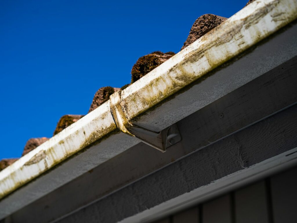 Dirty roof gutter with moss and grime against a blue sky