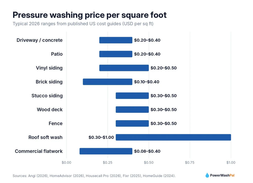 Chart of pressure washing price per square foot by surface in 2026