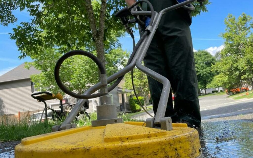 Surface cleaner and pressure washer setup on a driveway job